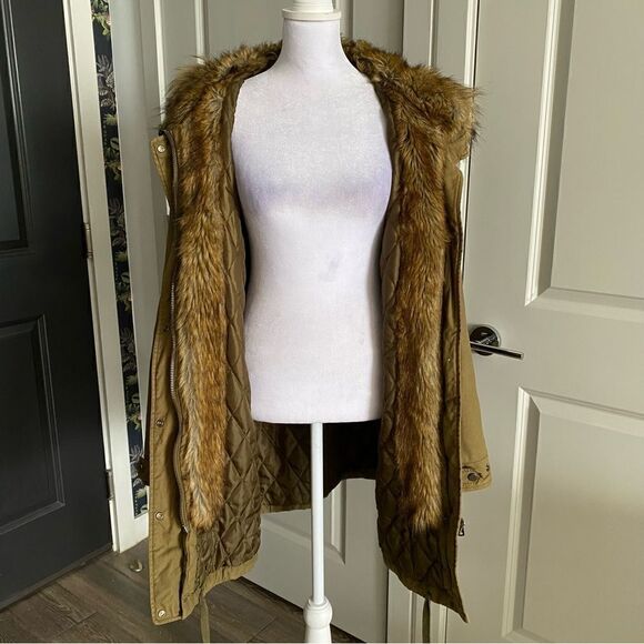 TOPSHOP Brown Parka Quilted Lined Winter Jacket with Faux Fur Trim Size US 6 - Picture 11 of 12